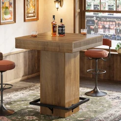 Square Bar Table, Industrial Bistro Pub Table with Metal Footrest