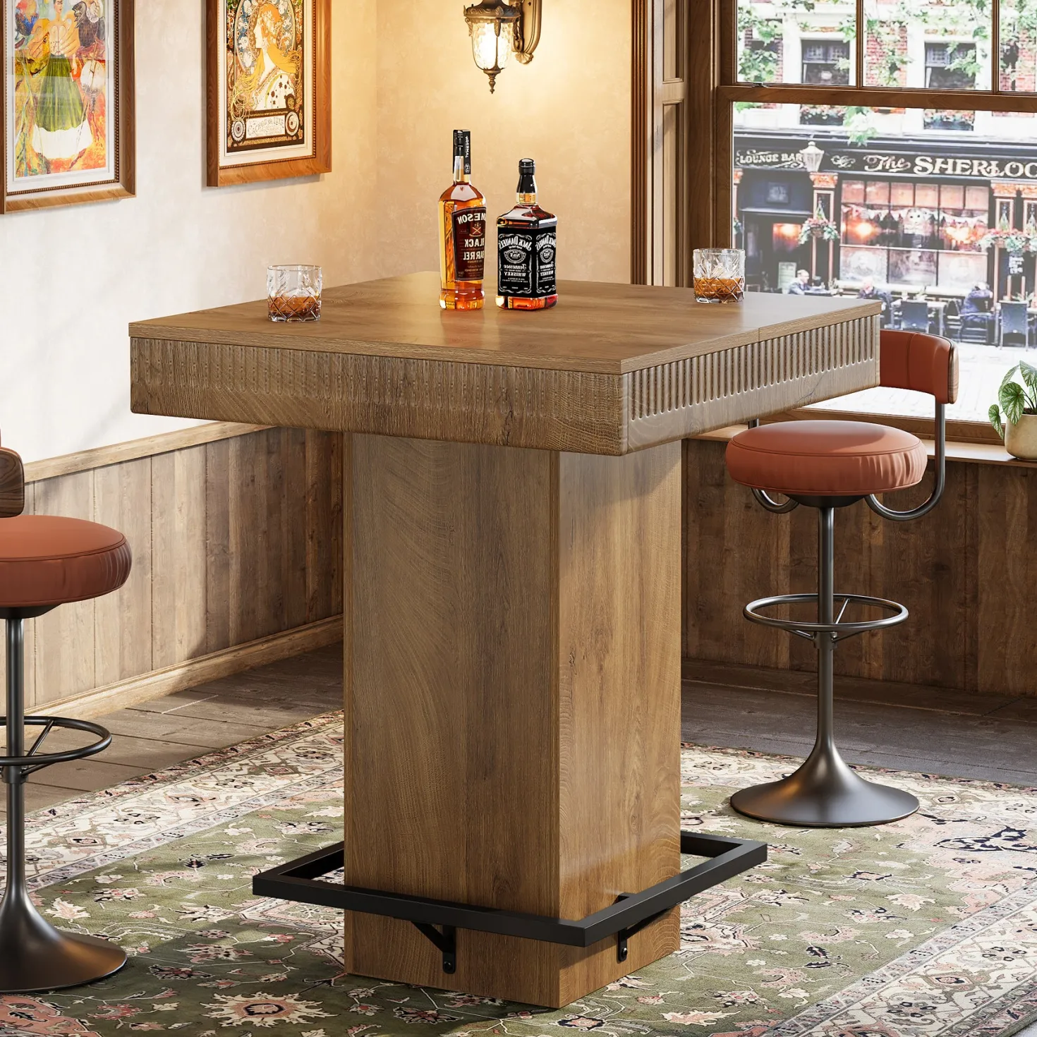 Square Bar Table, Industrial Bistro Pub Table with Metal Footrest