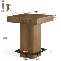 Square Bar Table, Industrial Bistro Pub Table with Metal Footrest