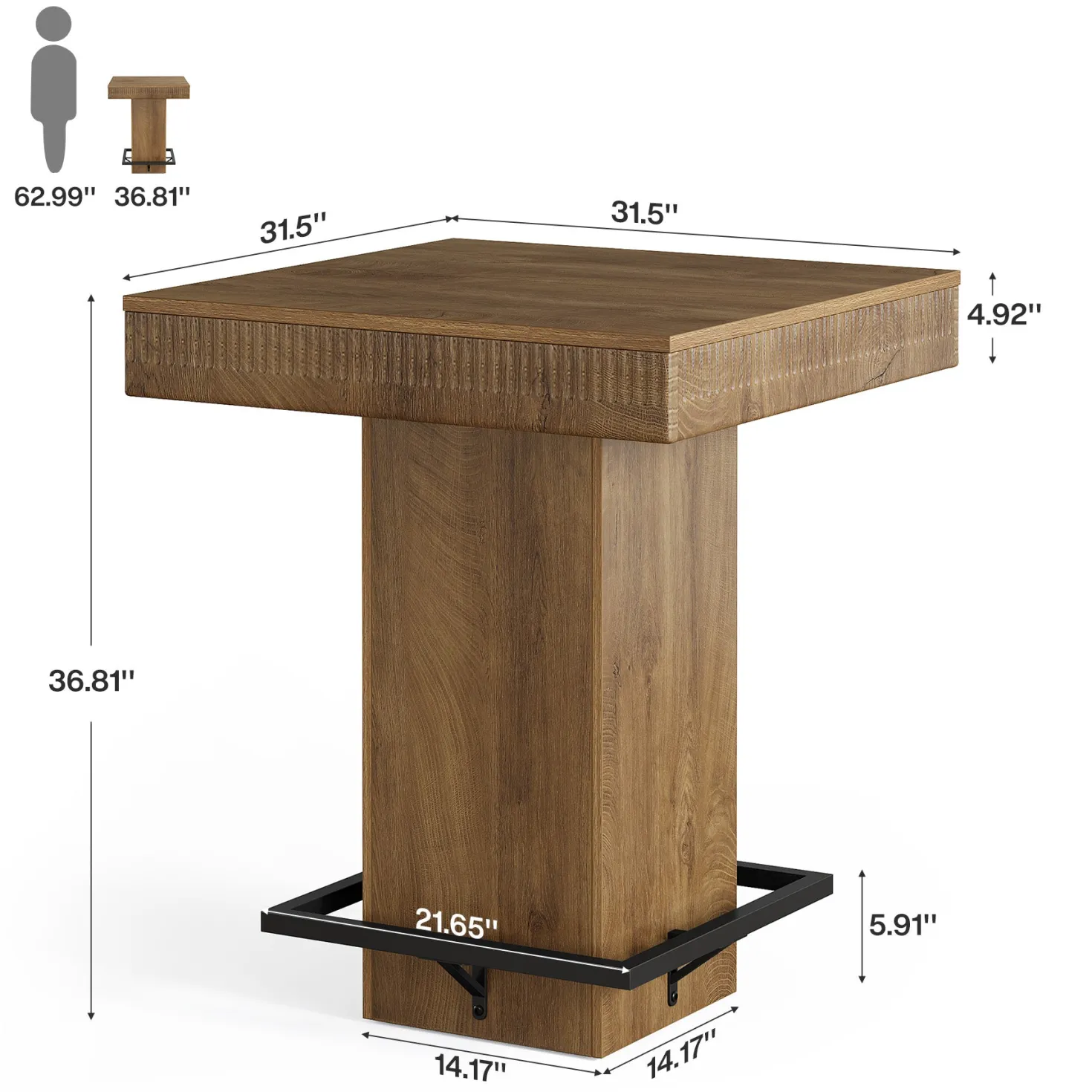 Square Bar Table, Industrial Bistro Pub Table with Metal Footrest