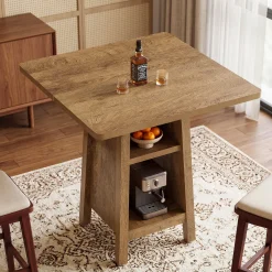 Square Bar Table with Storage, 35.4" H Pub Bar Table with 2 Open Shelves