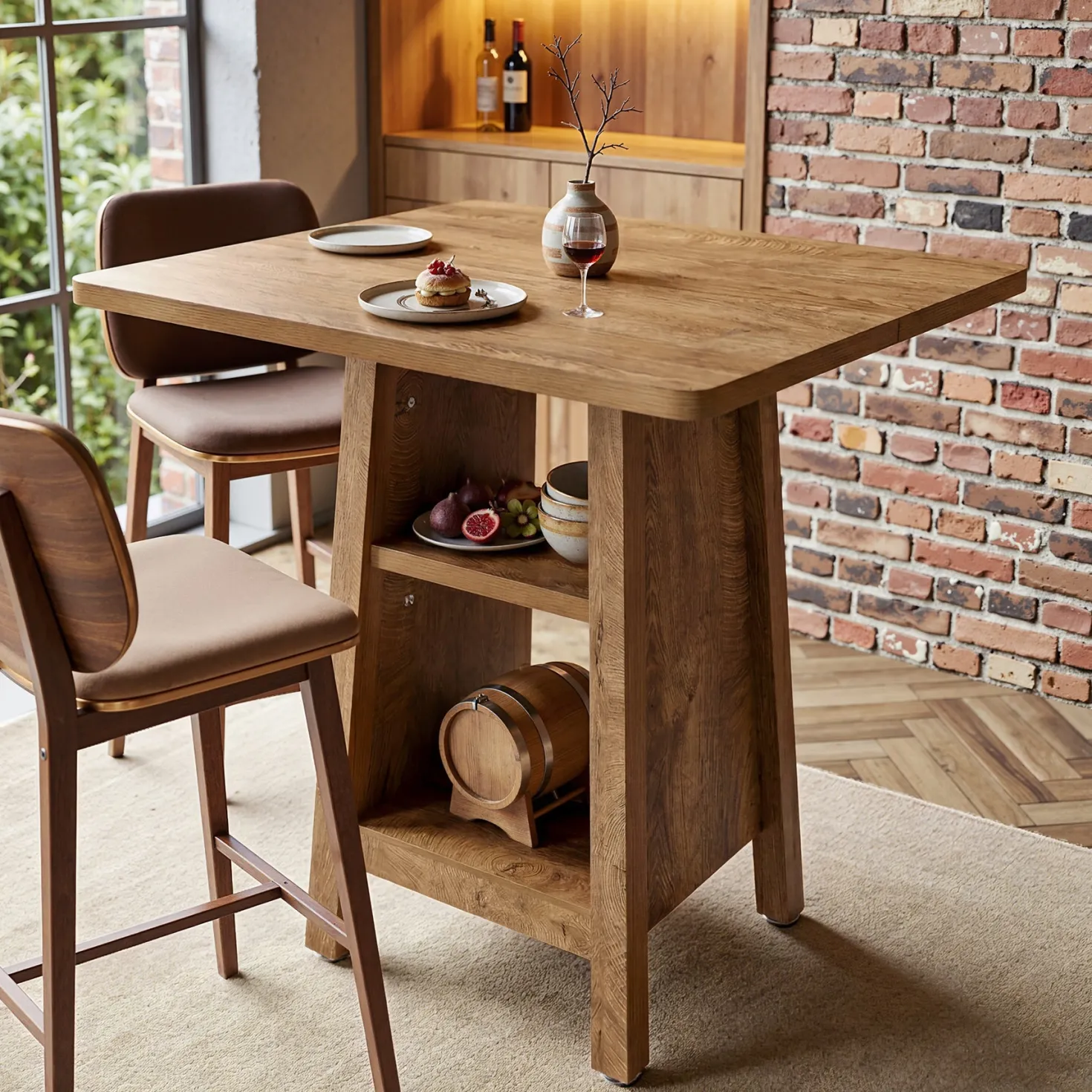 Square Bar Table with Storage, 35.4" H Pub Bar Table with 2 Open Shelves