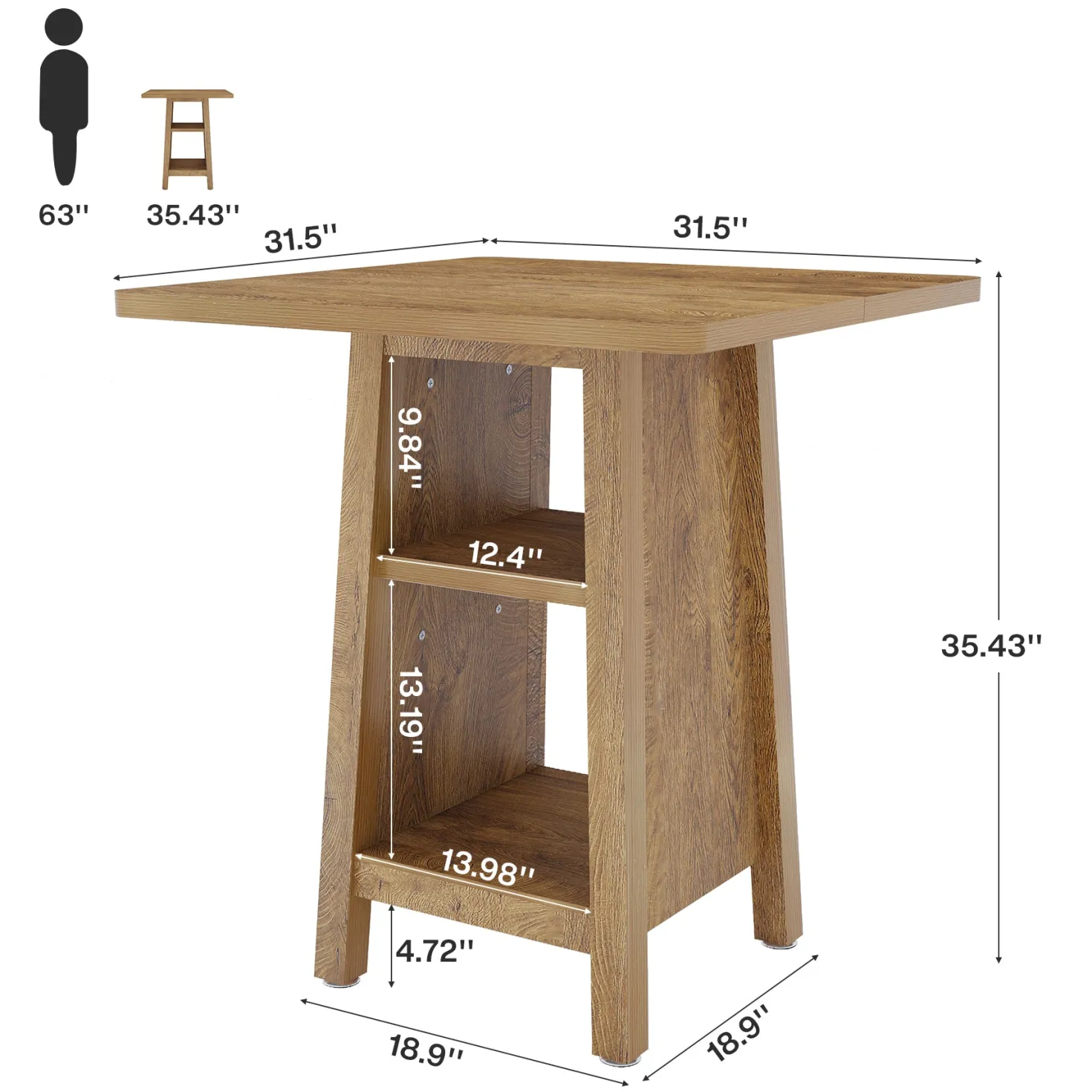 Square Bar Table with Storage, 35.4" H Pub Bar Table with 2 Open Shelves
