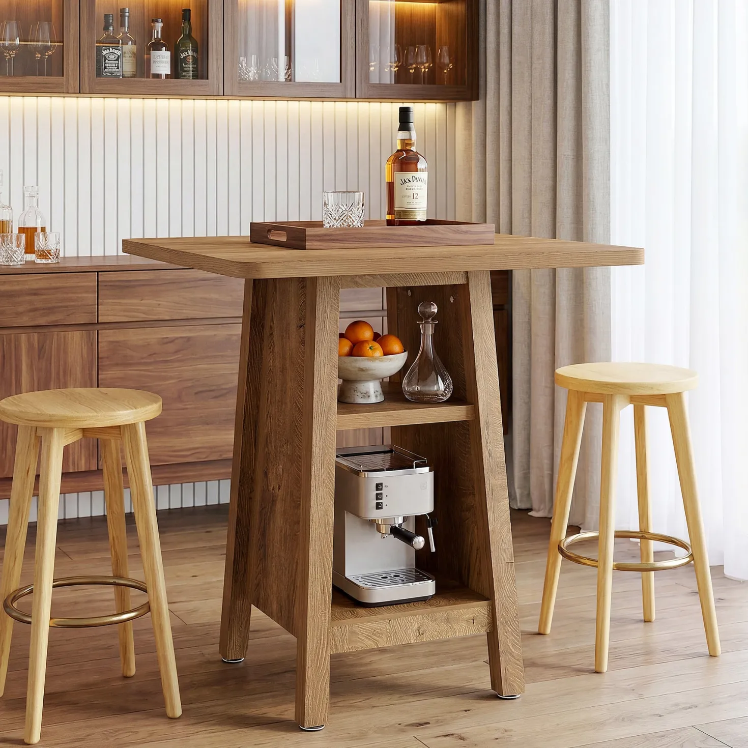 Square Bar Table with Storage, 35.4" H Pub Bar Table with 2 Open Shelves
