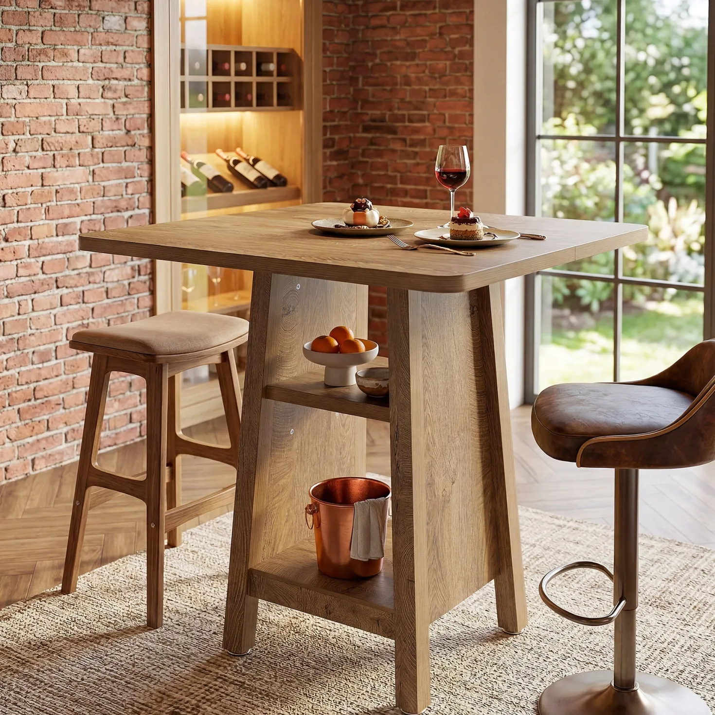 Square Bar Table with Storage, 35.4" H Pub Bar Table with 2 Open Shelves
