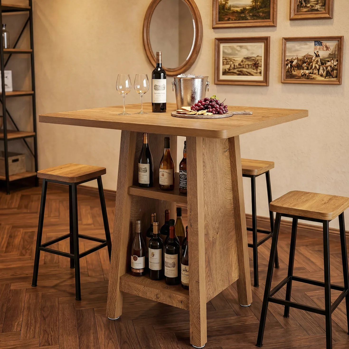 Square Bar Table with Storage, 35.4" H Pub Bar Table with 2 Open Shelves