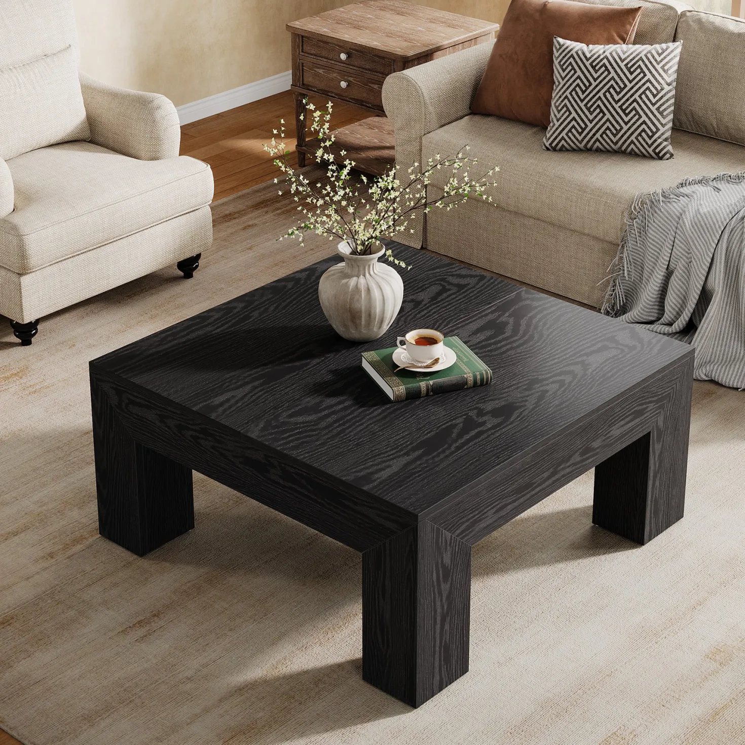 Square Coffee Table, 39.37" Center Tea Accent Table with Sturdy Legs