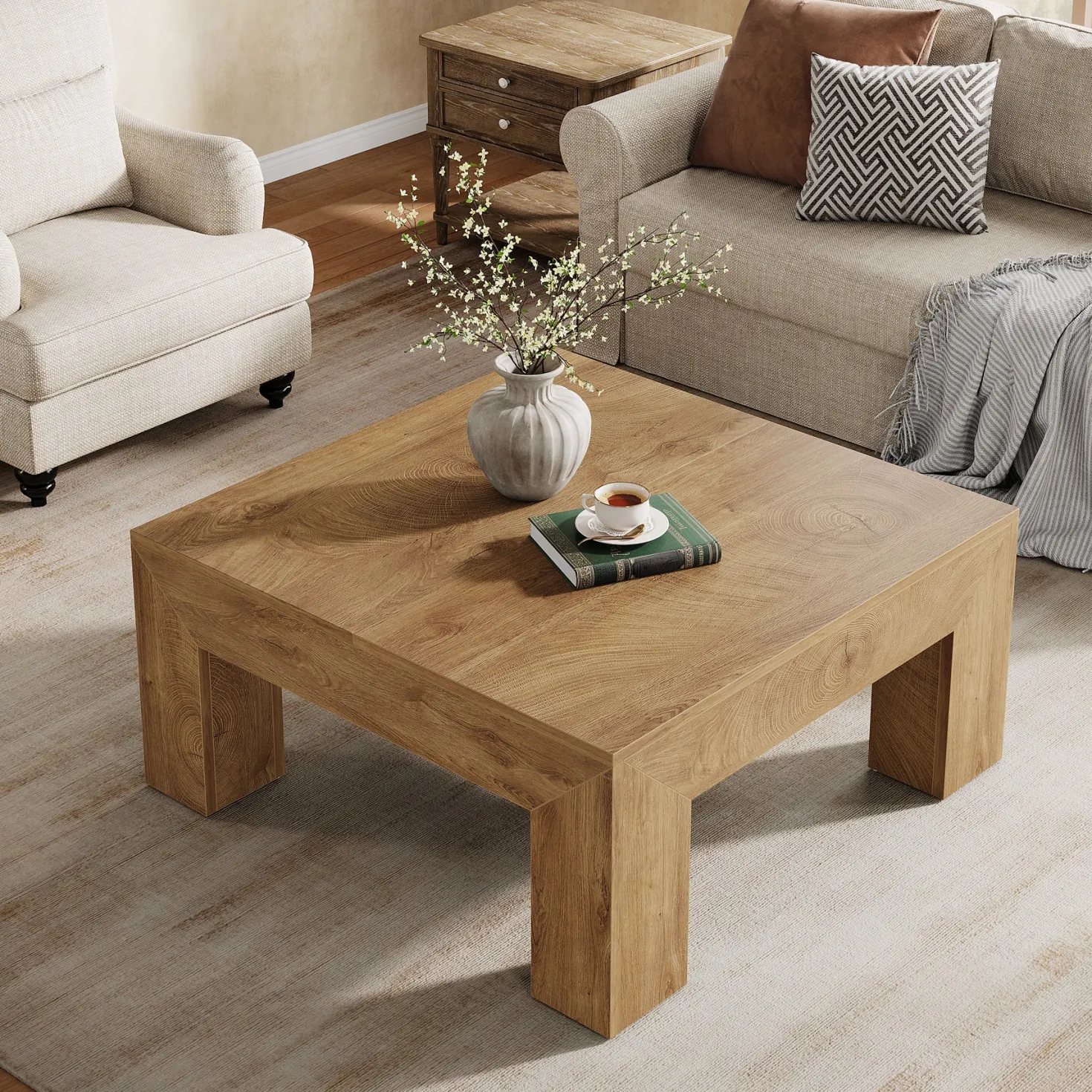 Square Coffee Table, 39.37" Center Tea Accent Table with Sturdy Legs