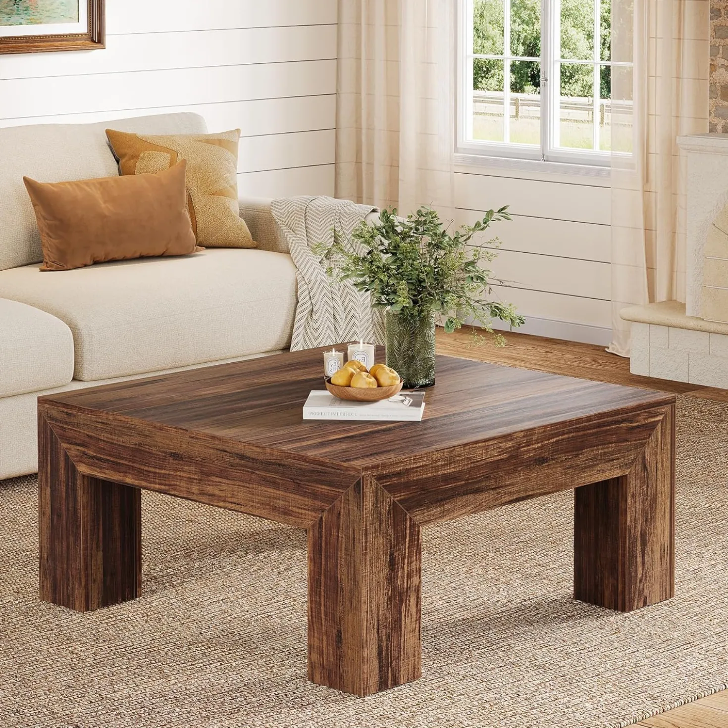 Square Coffee Table, 39.37" Center Tea Accent Table with Sturdy Legs