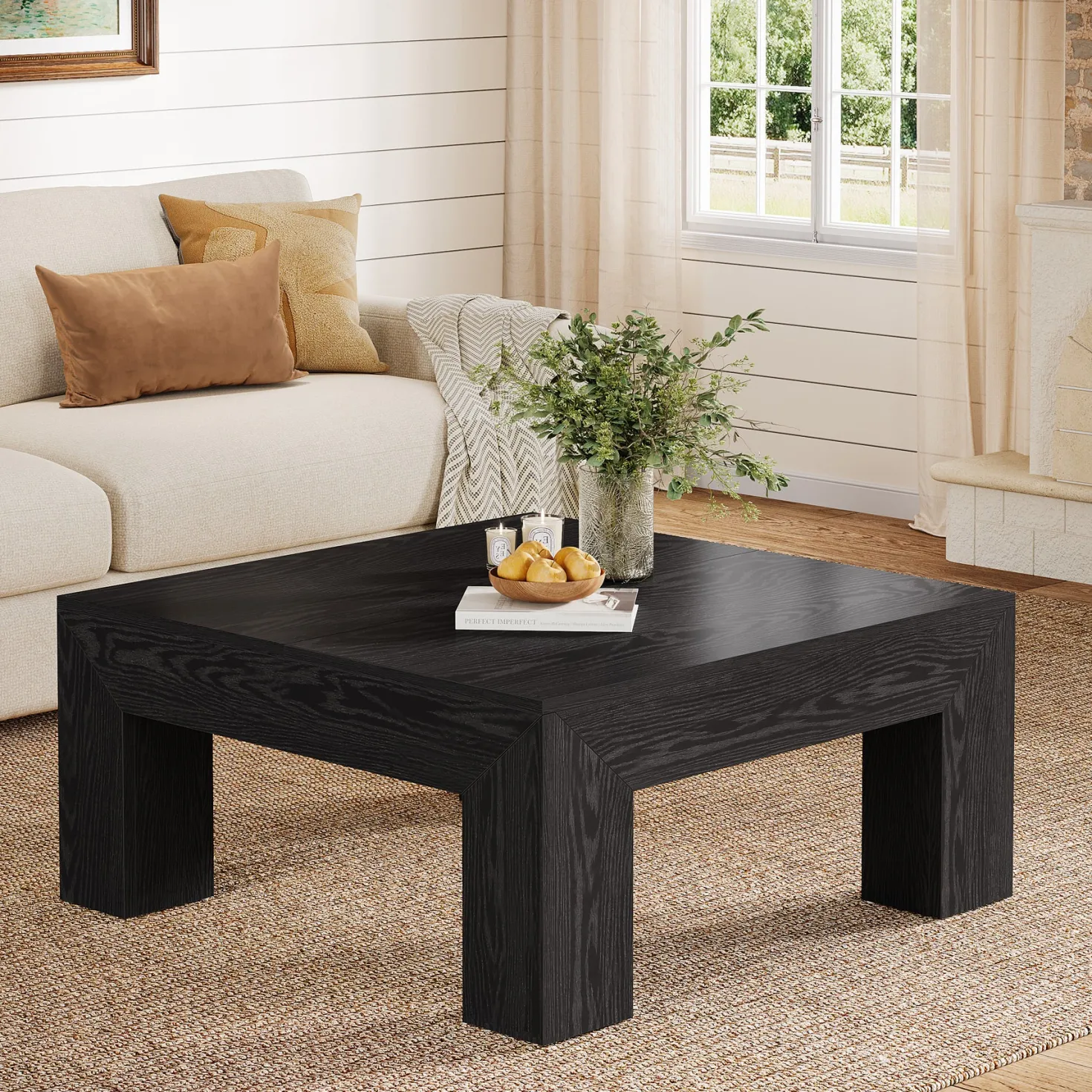 Square Coffee Table, 39.37" Center Tea Accent Table with Sturdy Legs