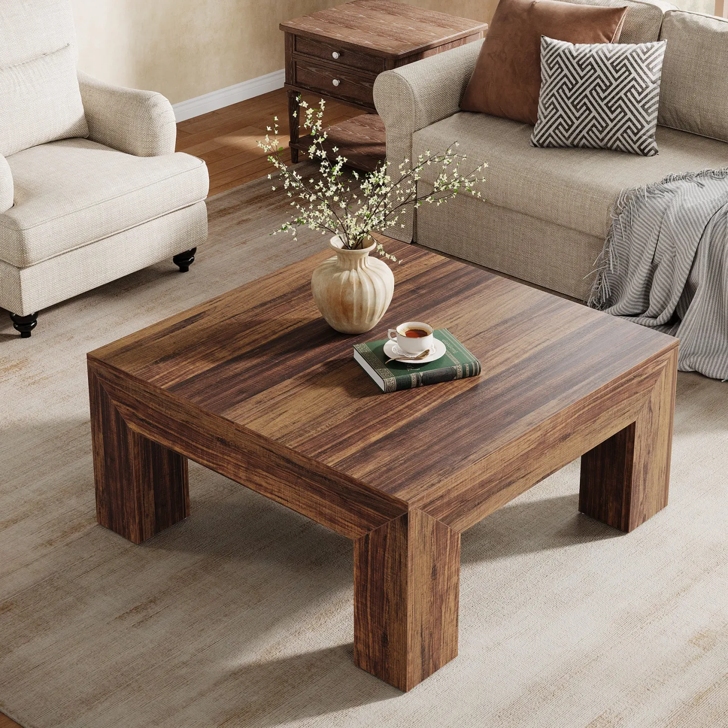 Square Coffee Table, 39.37" Center Tea Accent Table with Sturdy Legs