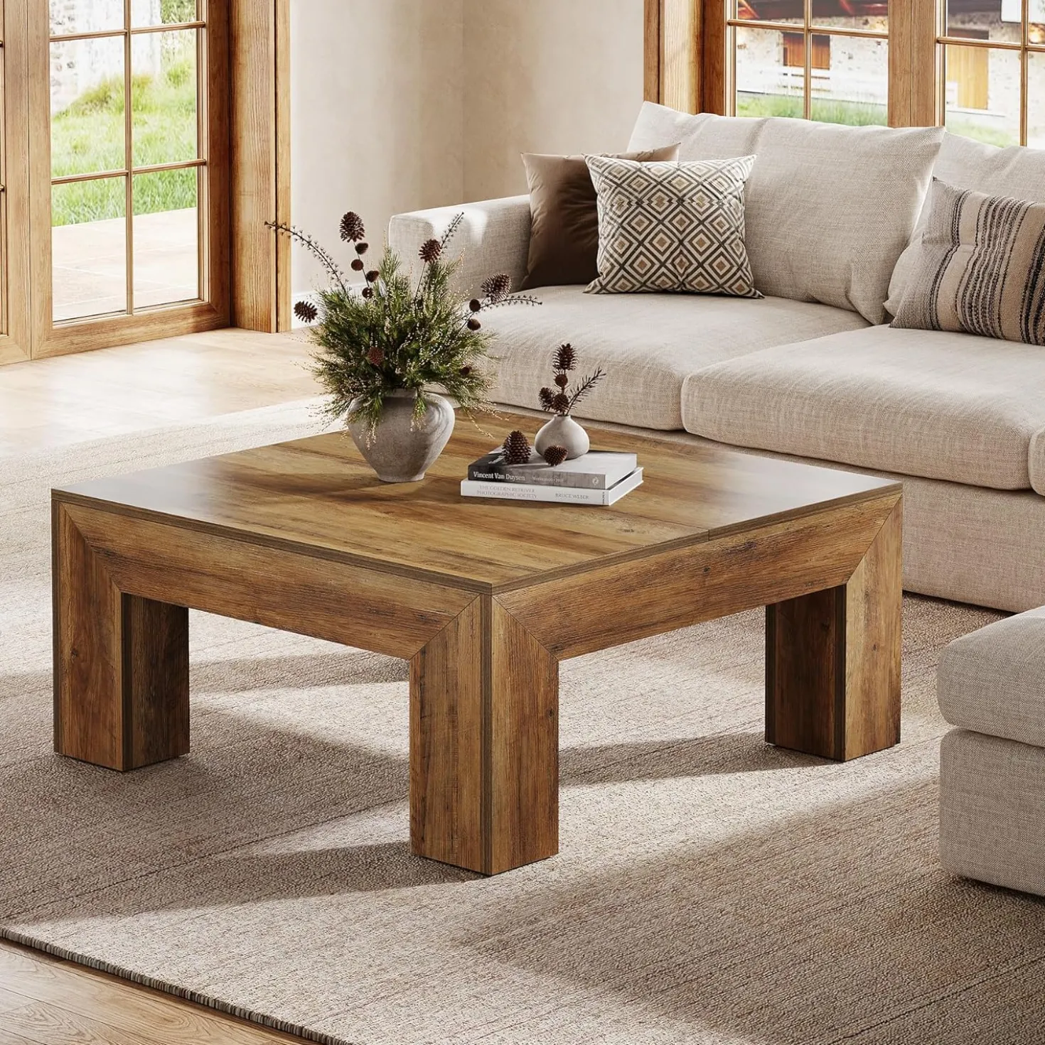 Square Coffee Table, 39.37" Center Tea Accent Table with Sturdy Legs
