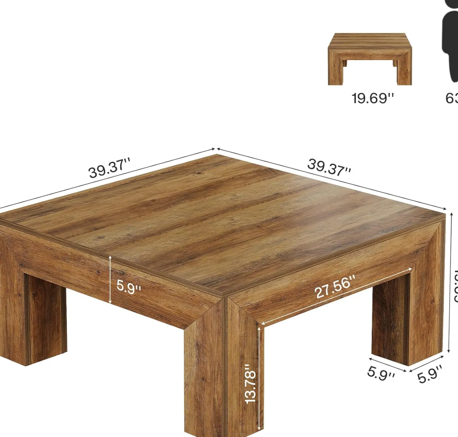 Square Coffee Table, 39.37" Center Tea Accent Table with Sturdy Legs