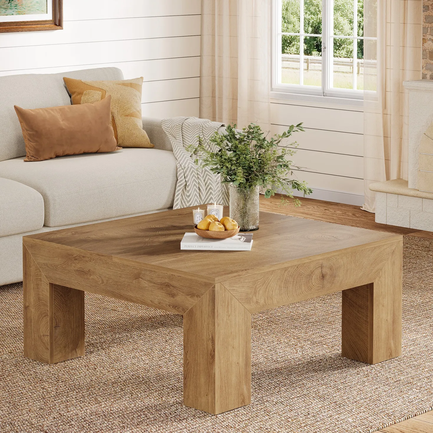 Square Coffee Table, 39.37" Center Tea Accent Table with Sturdy Legs