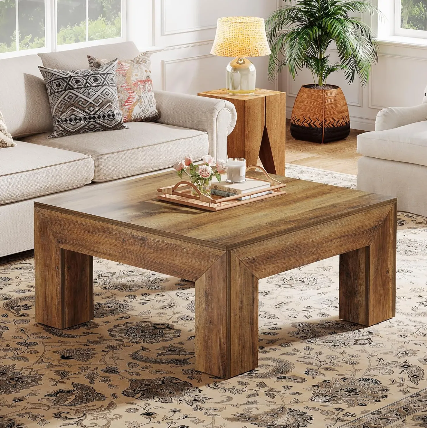 Square Coffee Table, 39.37" Center Tea Accent Table with Sturdy Legs