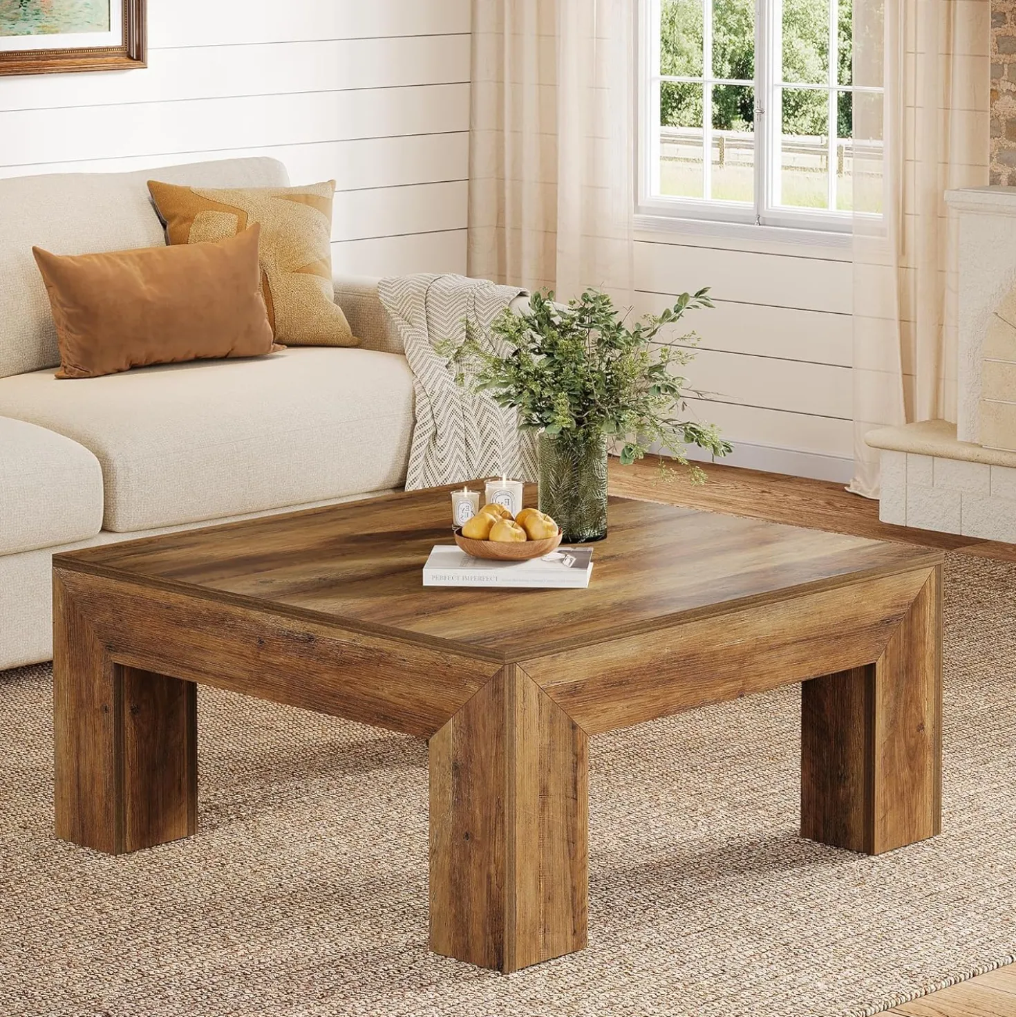 Square Coffee Table, 39.37" Center Tea Accent Table with Sturdy Legs