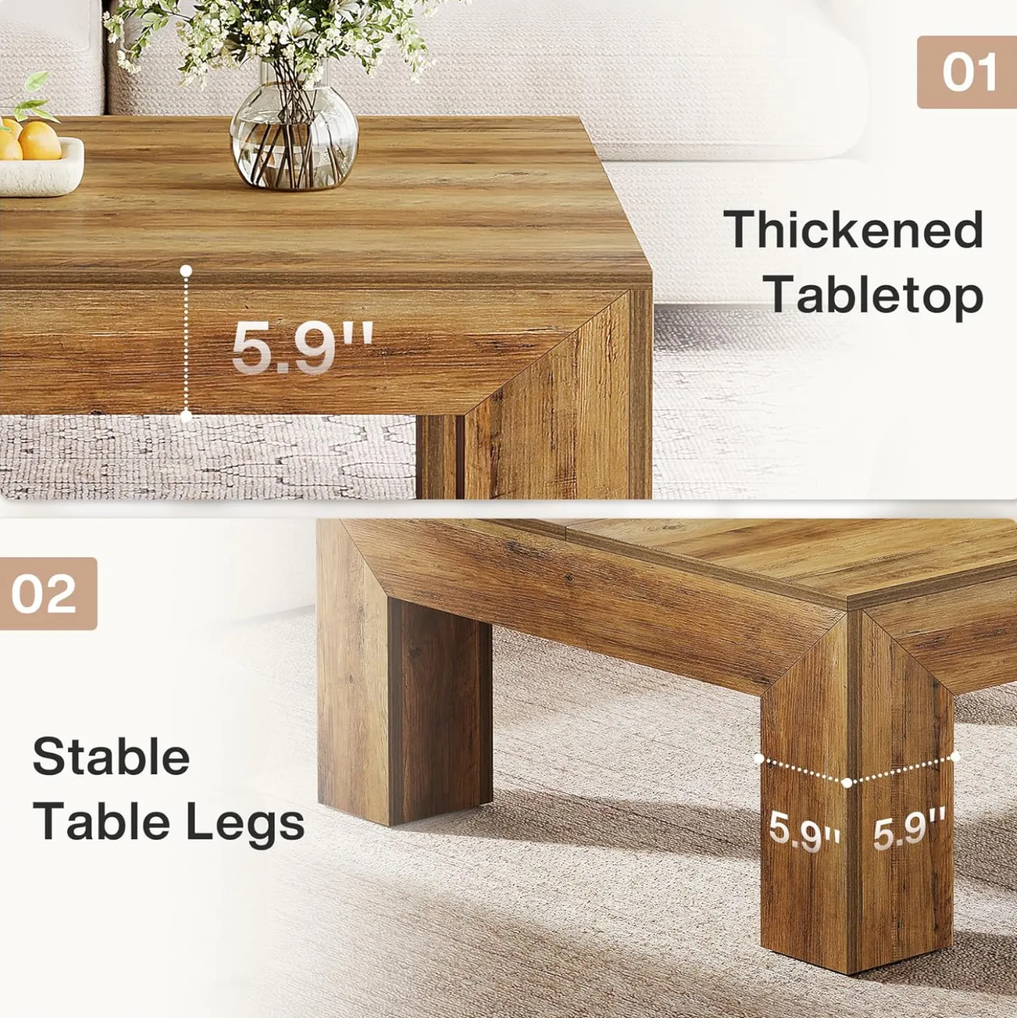 Square Coffee Table, 39.37" Center Tea Accent Table with Sturdy Legs