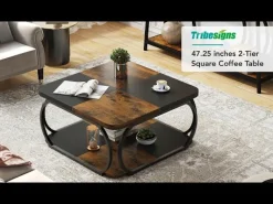 Square Coffee Table, 39" Central Cocktail Table with 2-Tier Shelves