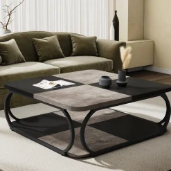 Square Coffee Table, 39" Central Cocktail Table with 2-Tier Shelves