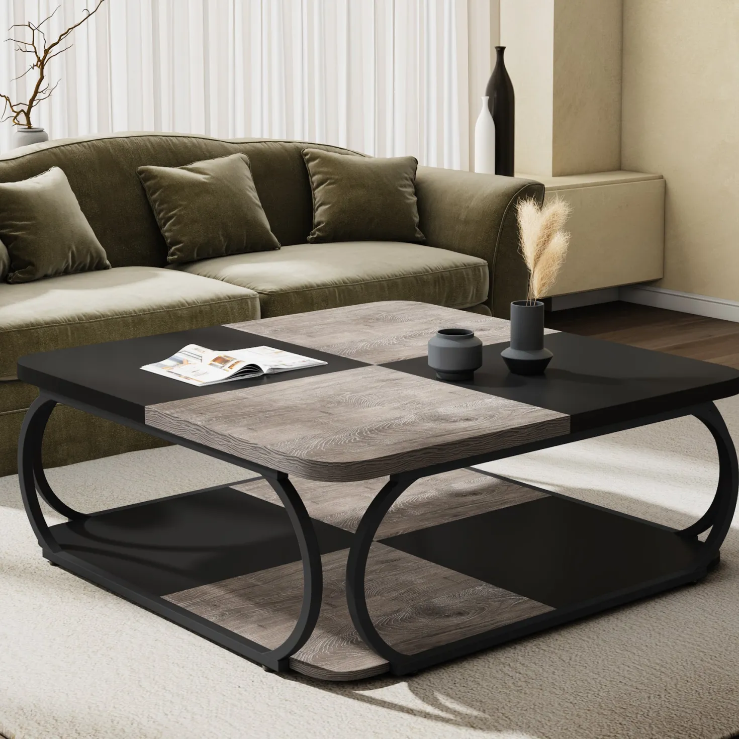 Square Coffee Table, 39" Central Cocktail Table with 2-Tier Shelves