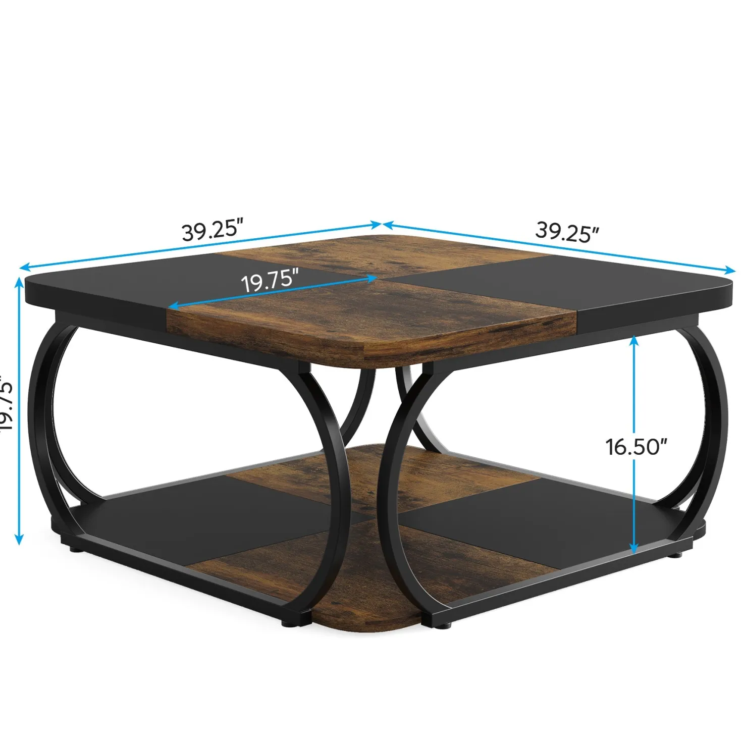 Square Coffee Table, 39" Central Cocktail Table with 2-Tier Shelves