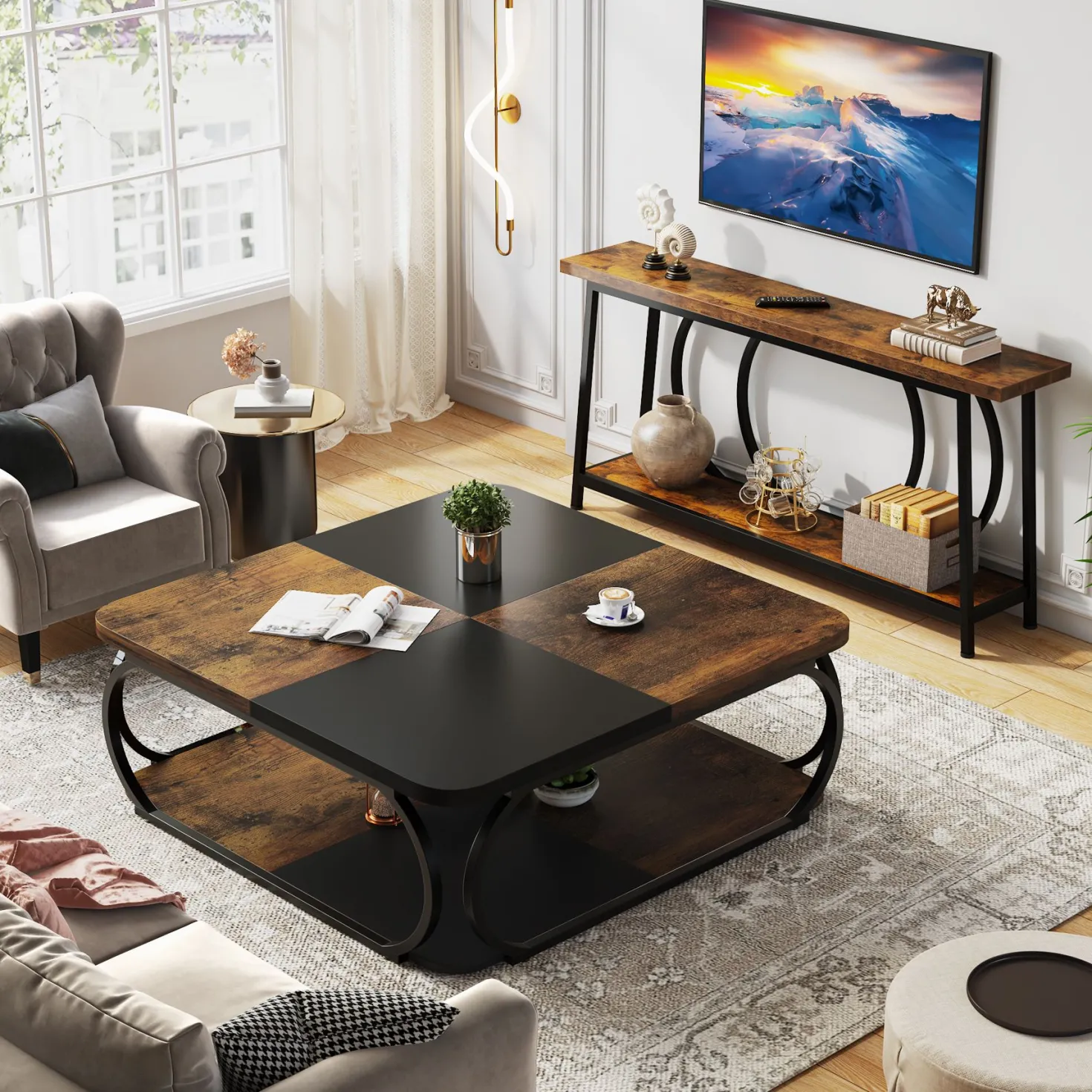 Square Coffee Table, 39" Central Cocktail Table with 2-Tier Shelves