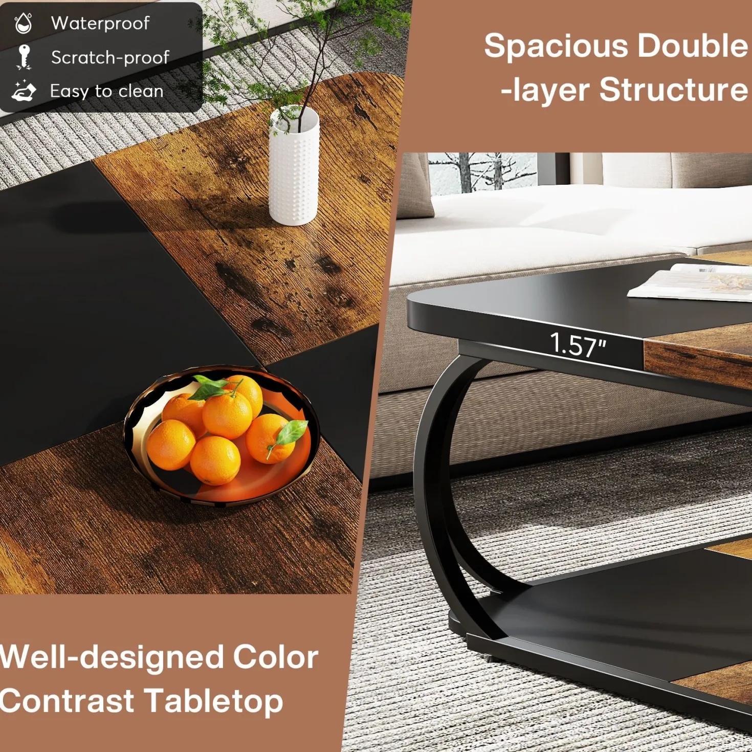 Square Coffee Table, 39" Central Cocktail Table with 2-Tier Shelves