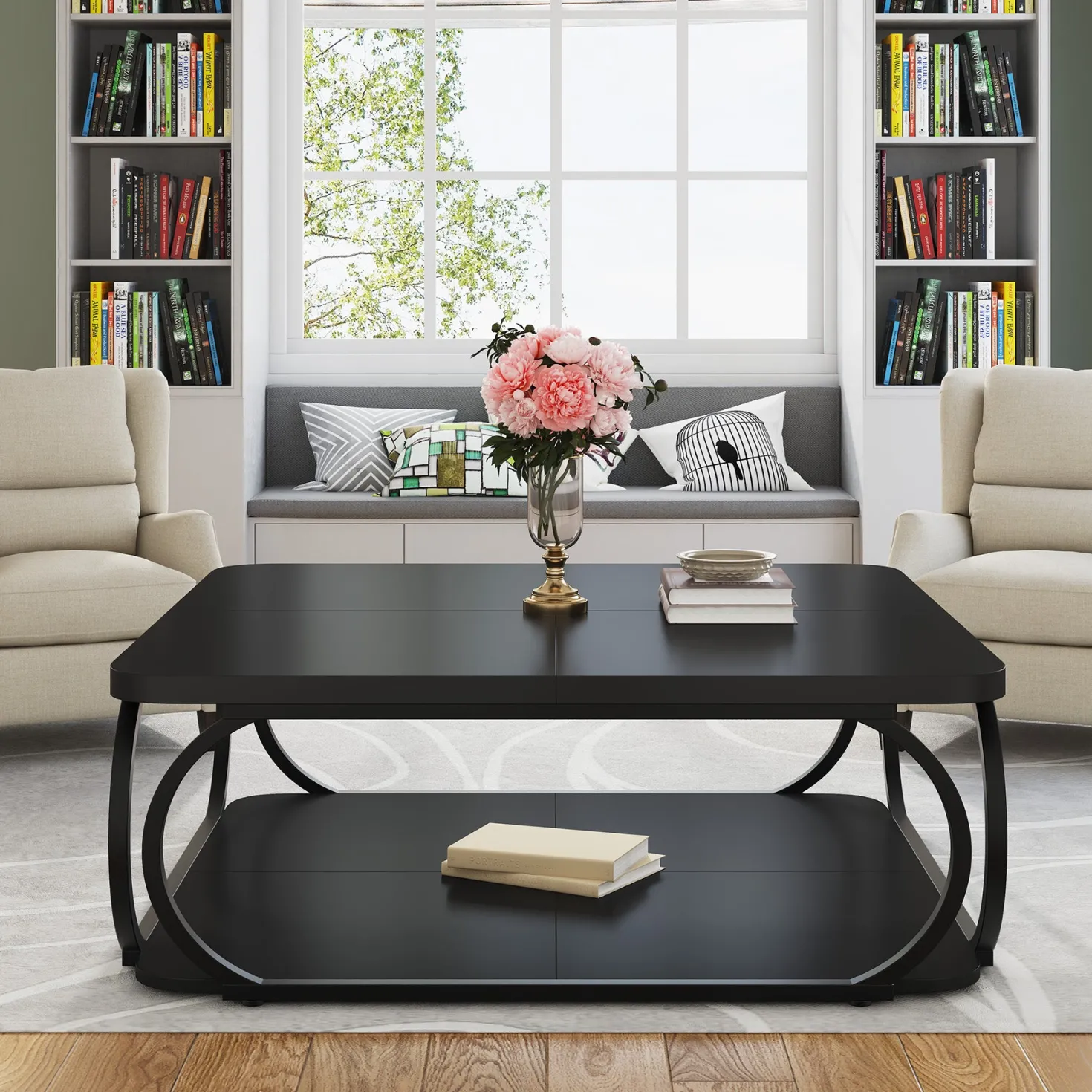 Square Coffee Table, 39" Central Cocktail Table with 2-Tier Shelves
