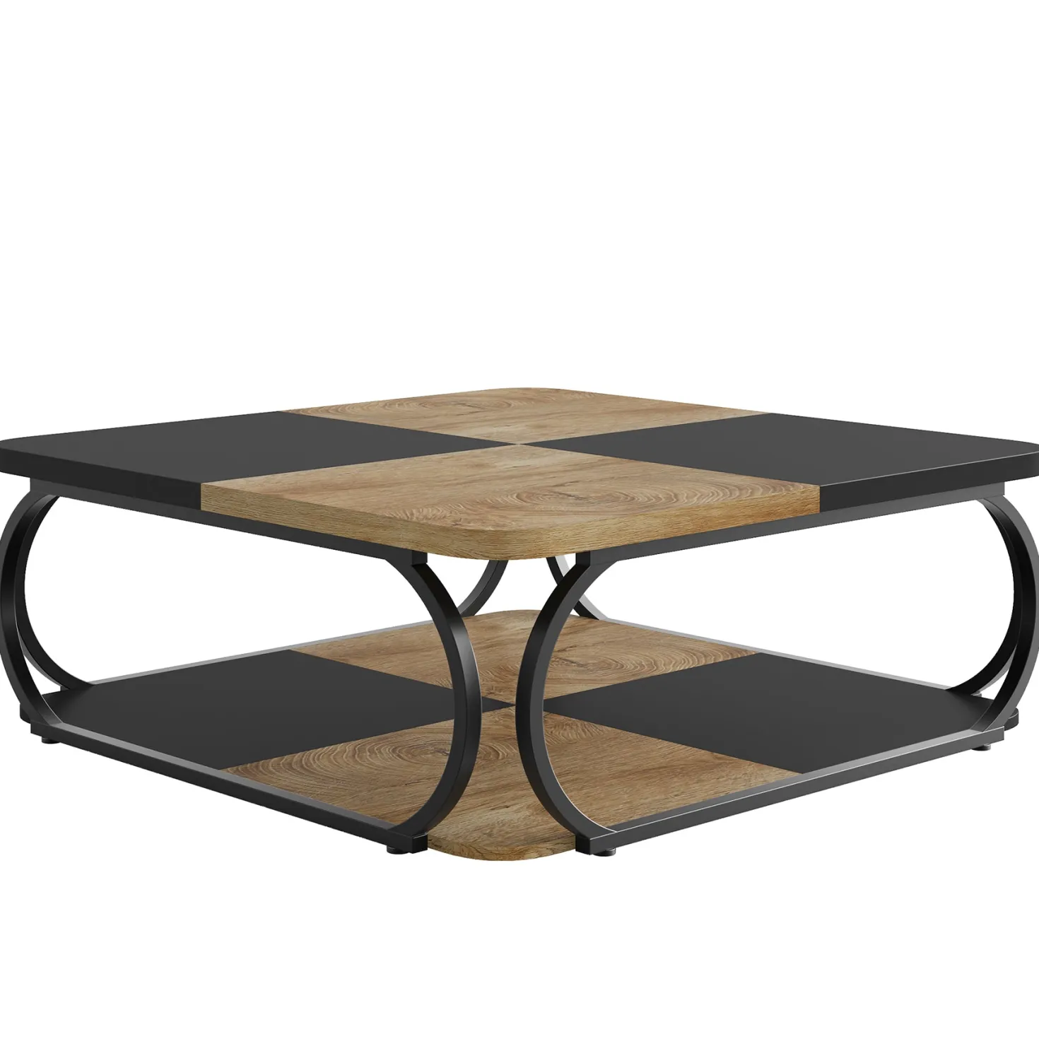 Square Coffee Table, 39" Central Cocktail Table with 2-Tier Shelves
