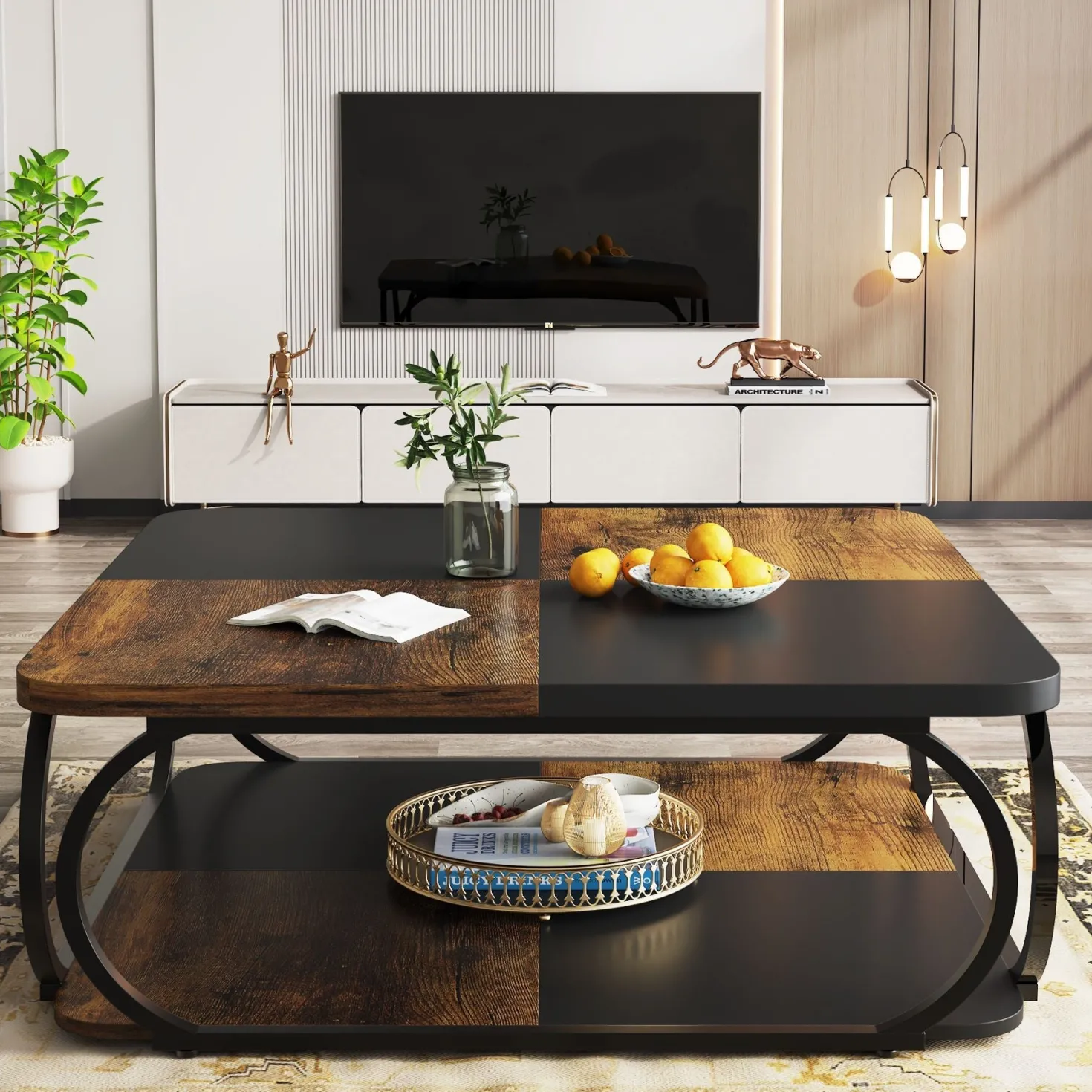 Square Coffee Table, 39" Central Cocktail Table with 2-Tier Shelves
