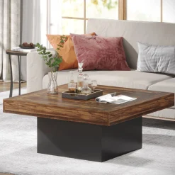 Square Coffee Table, Farmhouse Wood Cocktail Table with LED Light