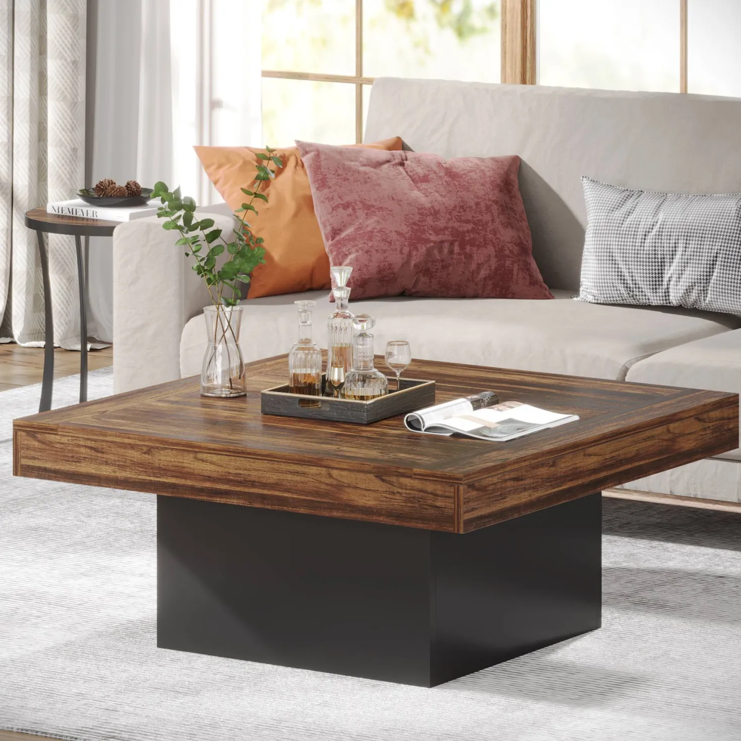 Square Coffee Table, Farmhouse Wood Cocktail Table with LED Light