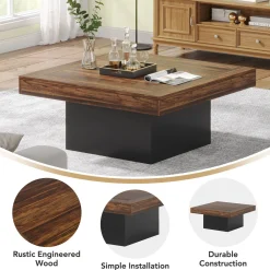 Square Coffee Table, Farmhouse Wood Cocktail Table with LED Light