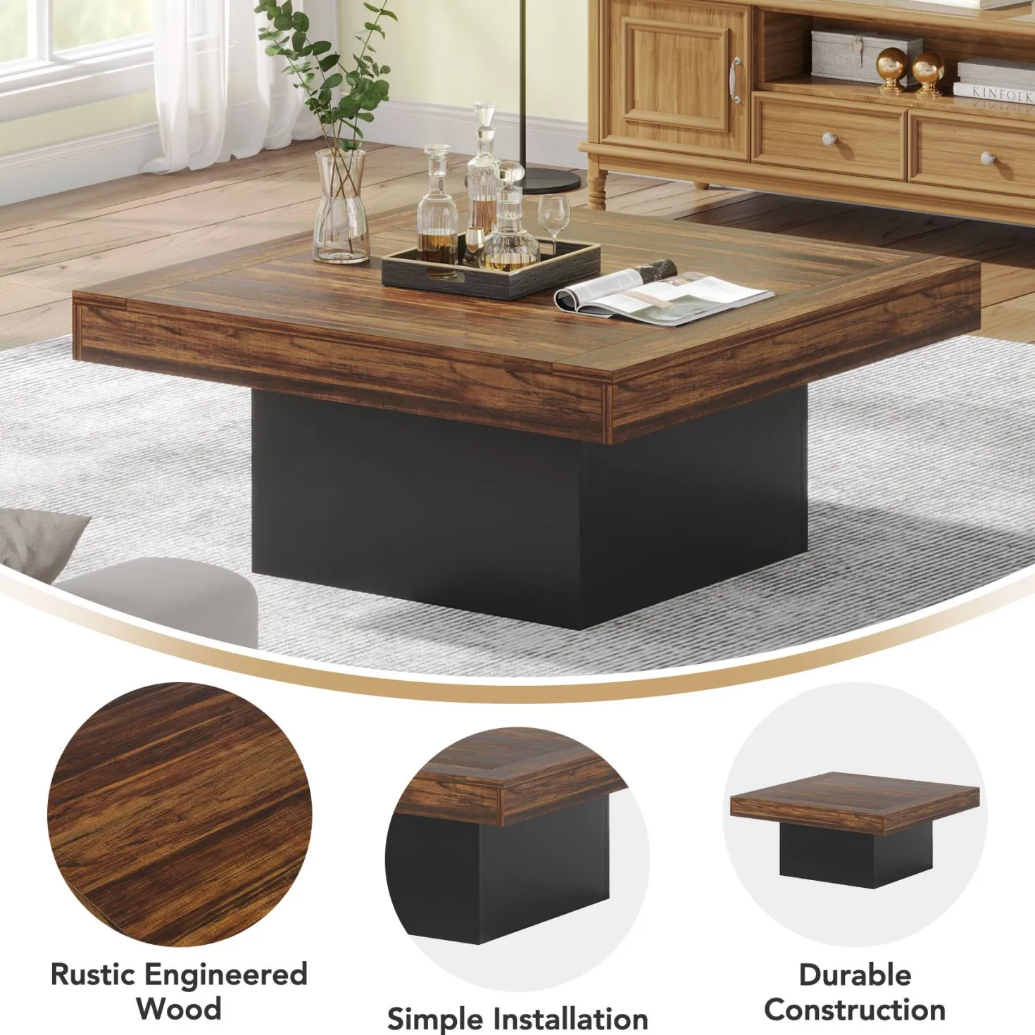 Square Coffee Table, Farmhouse Wood Cocktail Table with LED Light