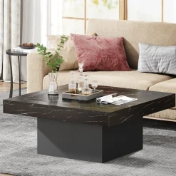 Square Coffee Table, Farmhouse Wood Cocktail Table with LED Light