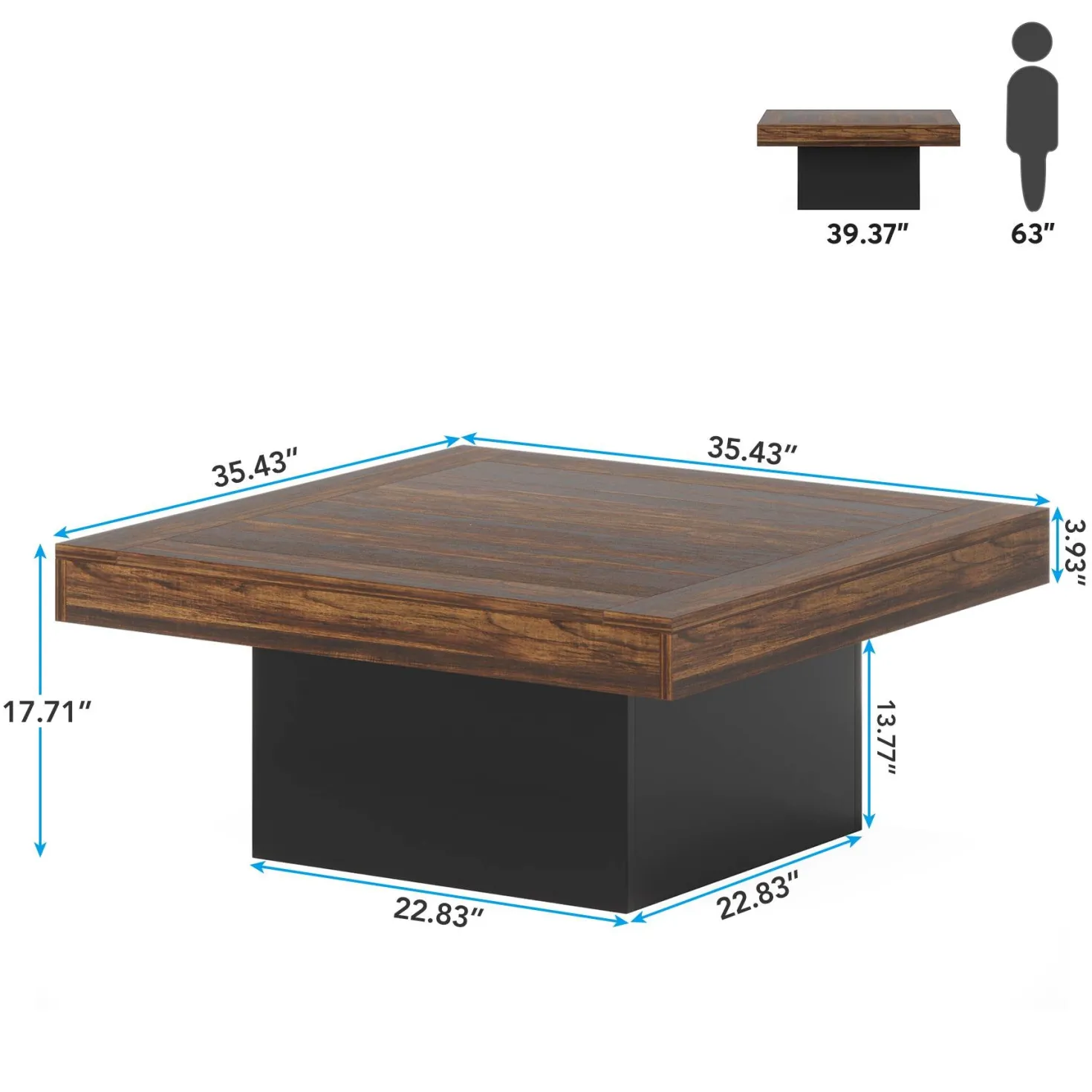 Square Coffee Table, Farmhouse Wood Cocktail Table with LED Light