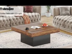 Square Coffee Table, Farmhouse Wood Cocktail Table with LED Light