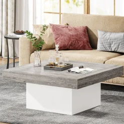 Square Coffee Table, Farmhouse Wood Cocktail Table with LED Light