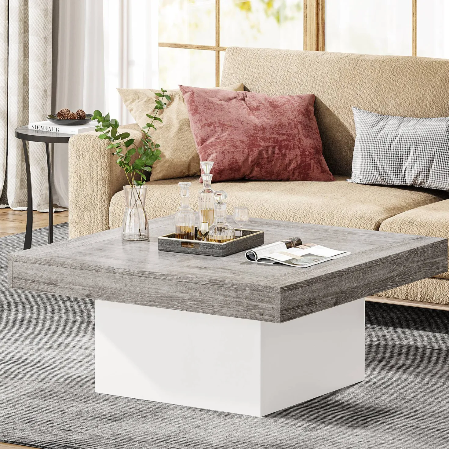 Square Coffee Table, Farmhouse Wood Cocktail Table with LED Light