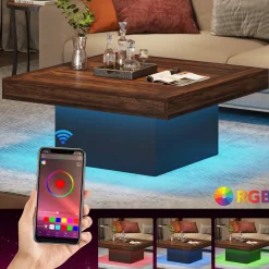 Square Coffee Table, Farmhouse Wood Cocktail Table with LED Light