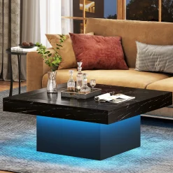 Square Coffee Table, Farmhouse Wood Cocktail Table with LED Light
