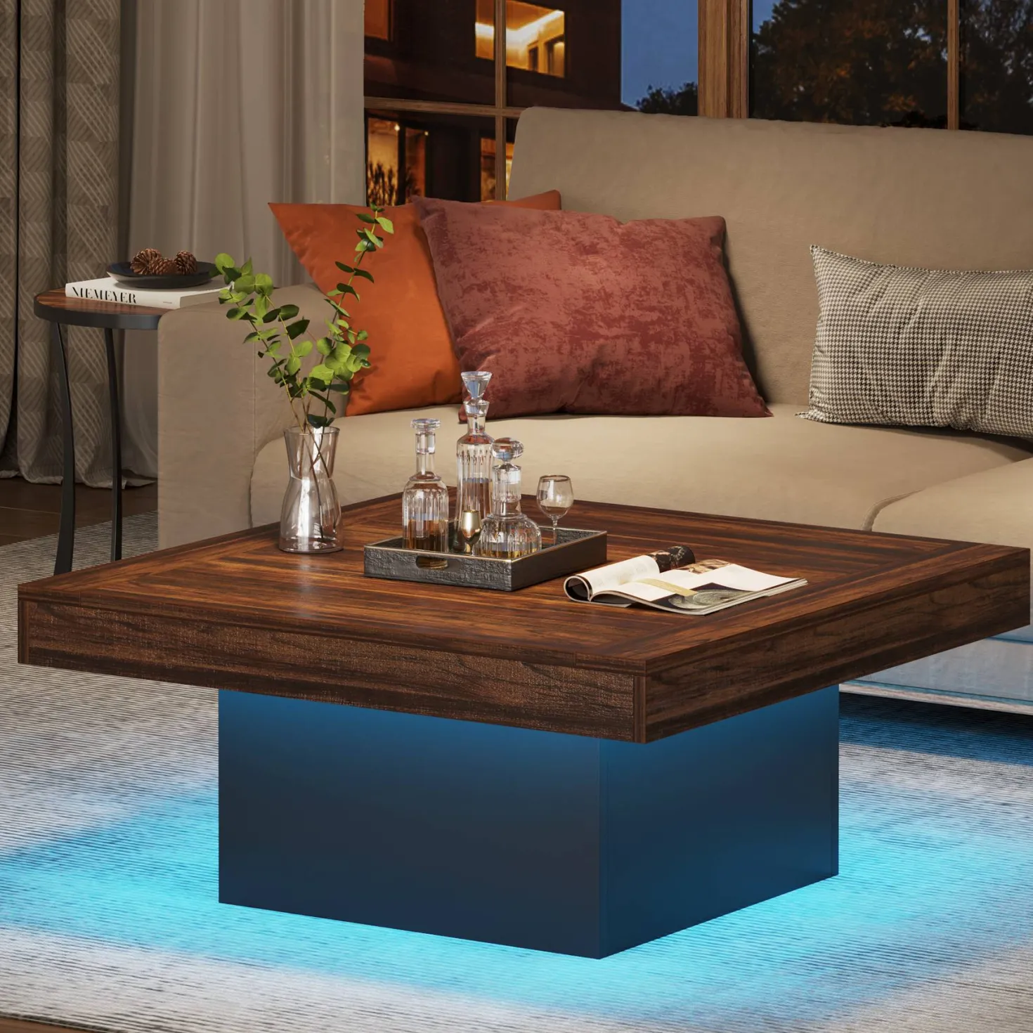 Square Coffee Table, Farmhouse Wood Cocktail Table with LED Light