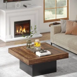 Square Coffee Table, Farmhouse Wood Cocktail Table with LED Light