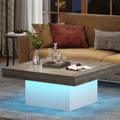 Square Coffee Table, Farmhouse Wood Cocktail Table with LED Light
