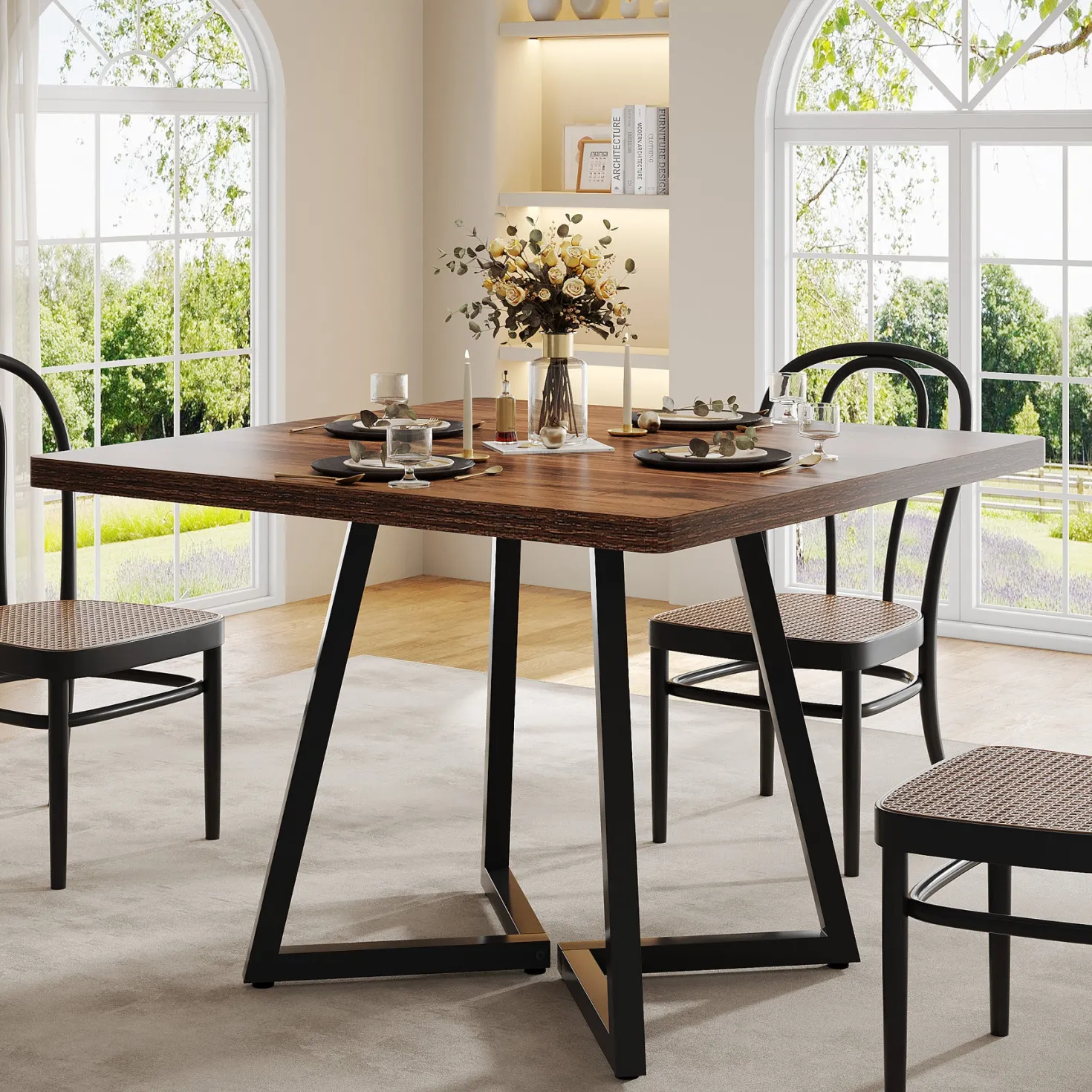 Square Dining Table, 31.5" Small Kitchen Dinner Table with Metal Base for 2-4
