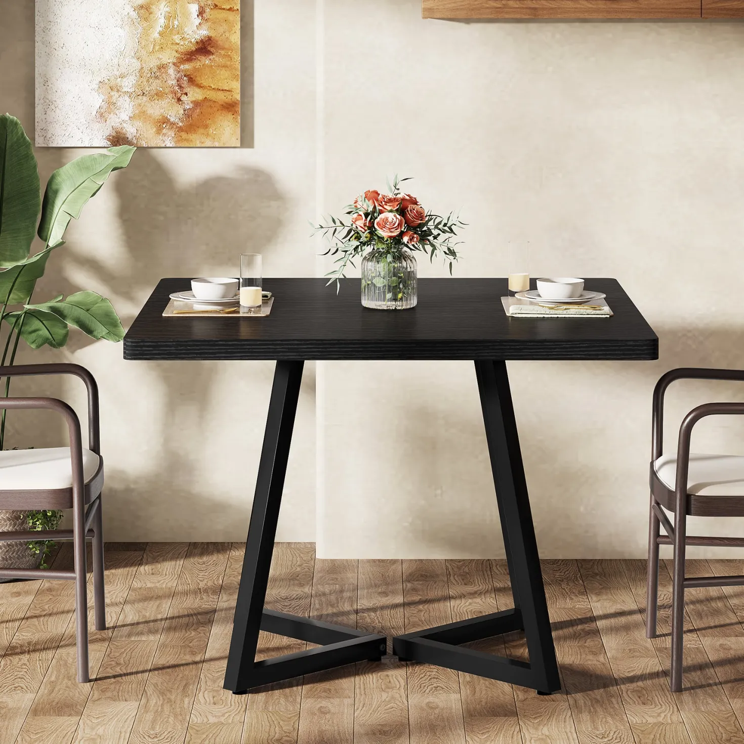 Square Dining Table, 31.5" Small Kitchen Dinner Table with Metal Base for 2-4