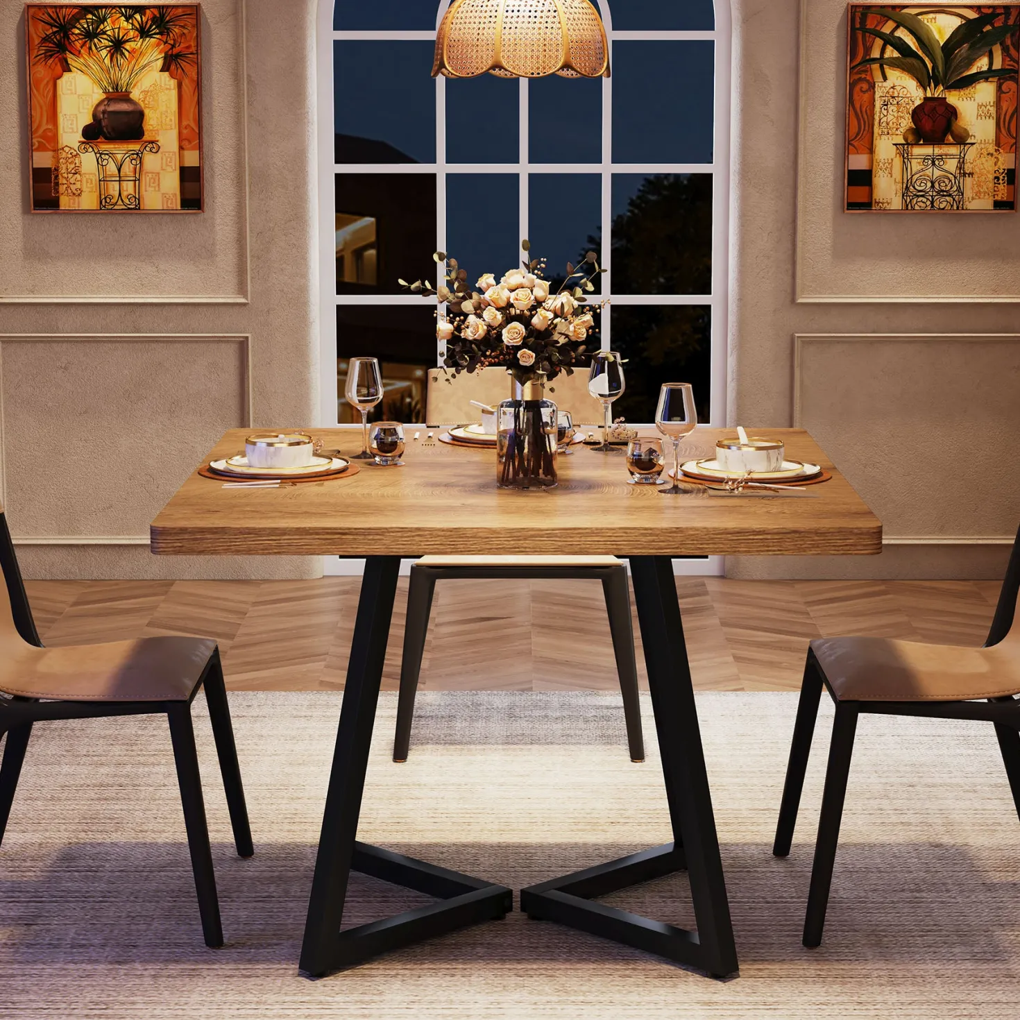 Square Dining Table, 31.5" Small Kitchen Dinner Table with Metal Base for 2-4