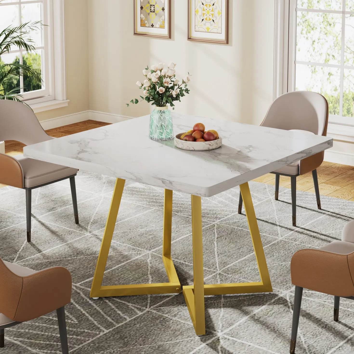 Square Dining Table, 31.5" Small Kitchen Dinner Table with Metal Base for 2-4