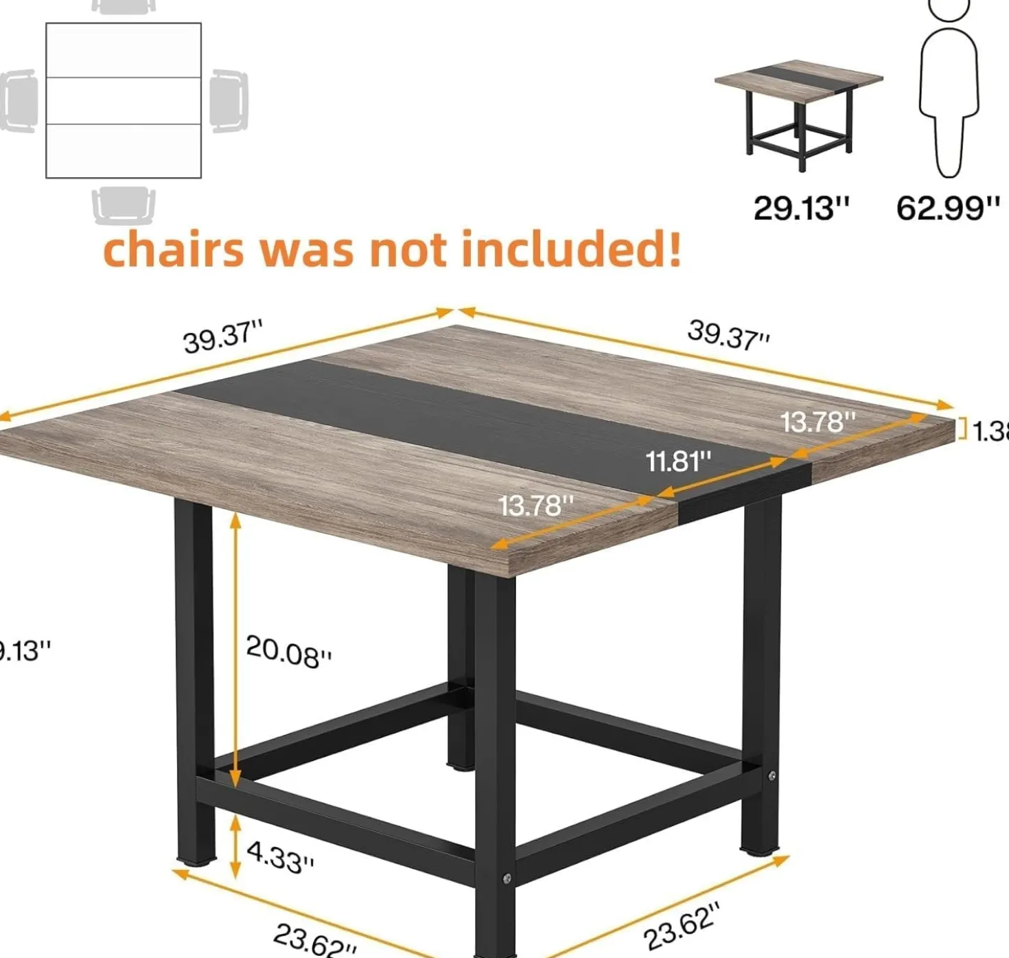 Square Dining Table, Farmhouse 39"x 39"x 29" Kitchen Table for 4