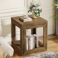 Square End Table, 19.7" Side Table Nightstand with 2-Tier Storage Shelf